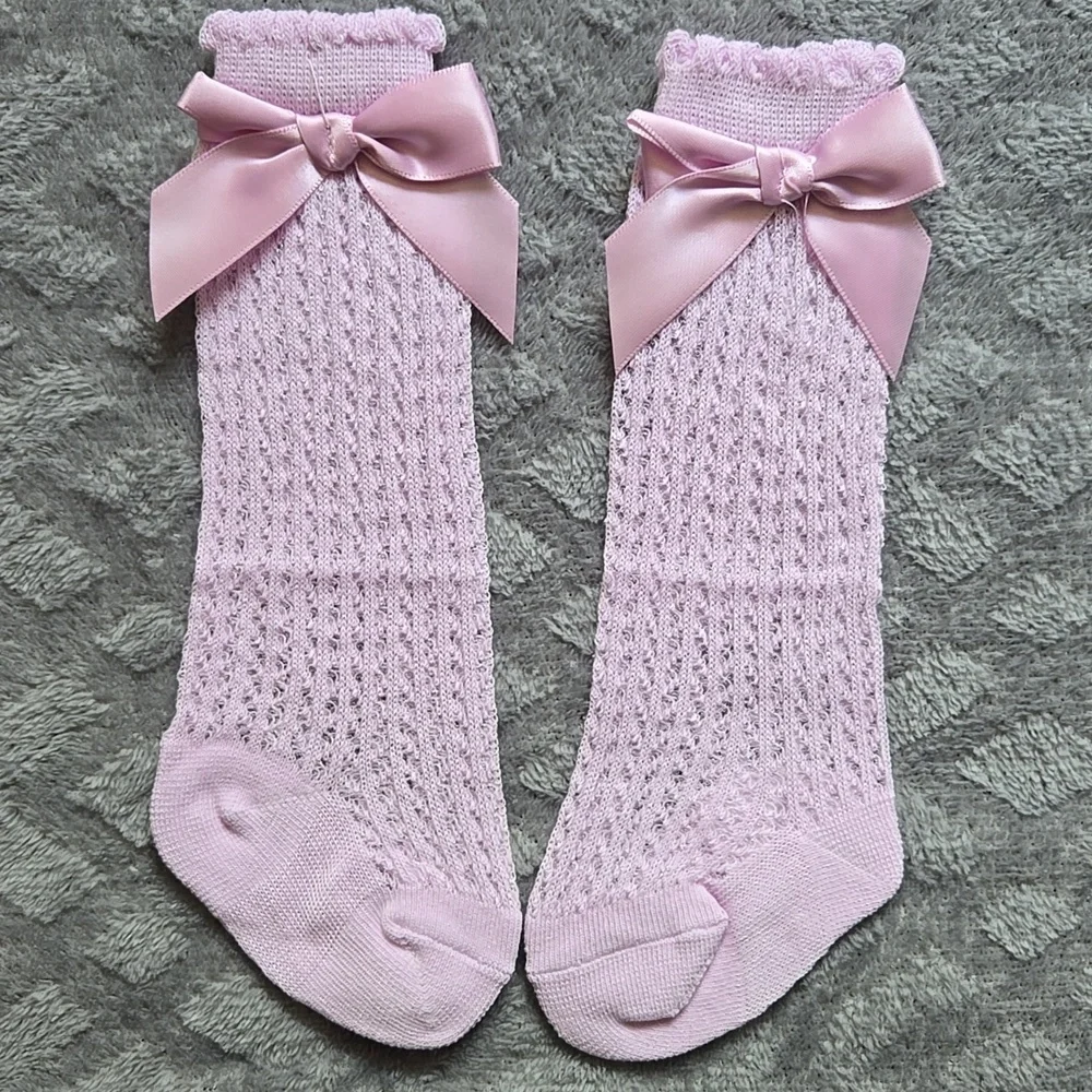 Baby Girl Purple Knit Knee High Socks Vintage Style Holiday Kids Bow Accessory